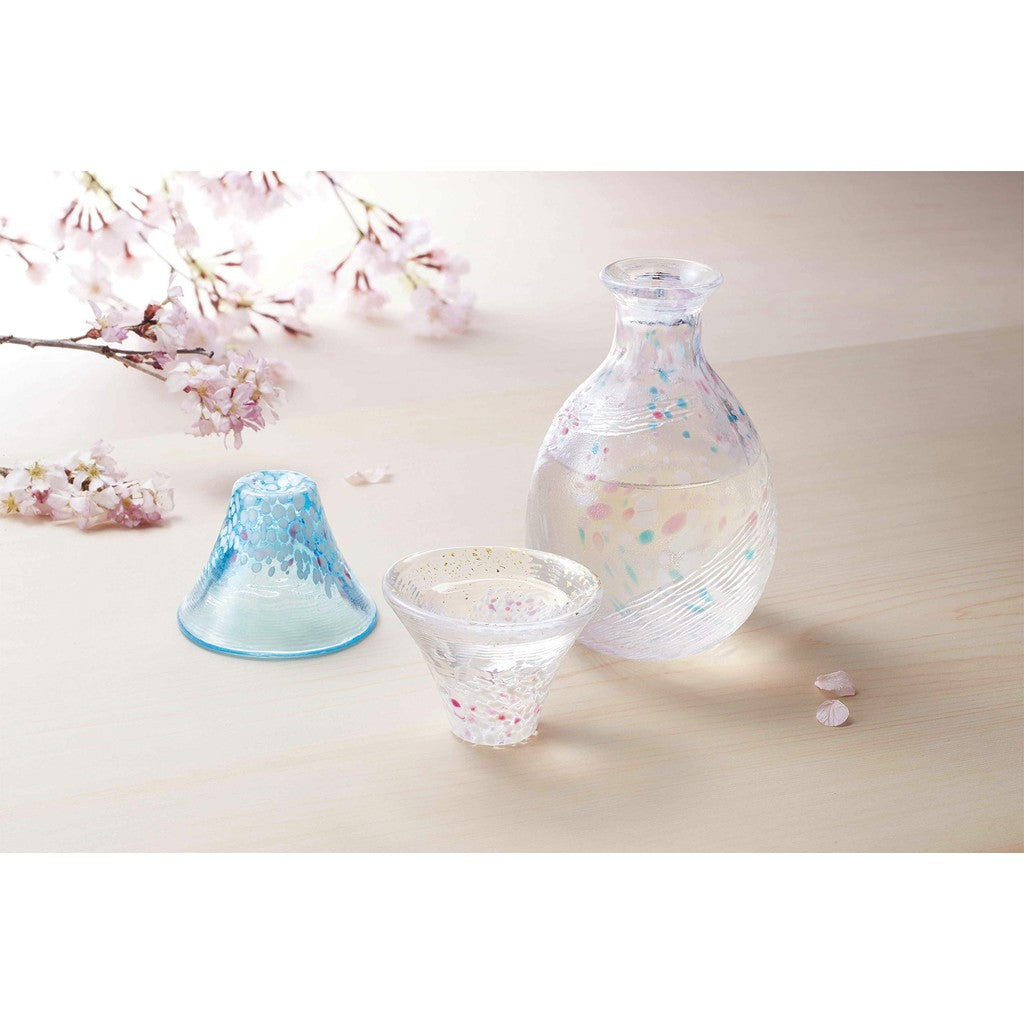 Toyo Sasaki Glass Shofuku Cup Sakura Fuji Sake Set, Made in Japan, Sake Glass and Carafe Set, Mount Fuji, Gift, Present, Respect for the Aged Day, Father's Day, Mother's Day, Birthday, Wooden Box G642-M78