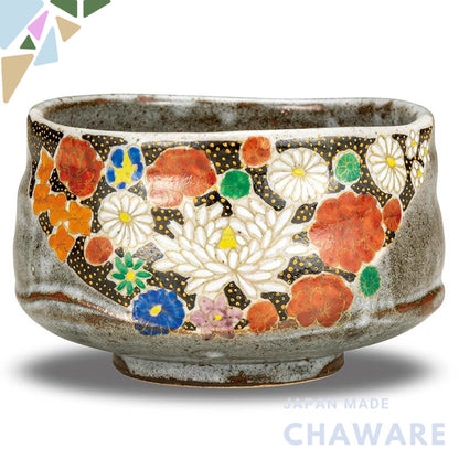 Matcha bowl, ceramic, tea utensils, Kutani ware, matcha tea bowl, floral design, brand, matcha, tea bowl, Japanese table