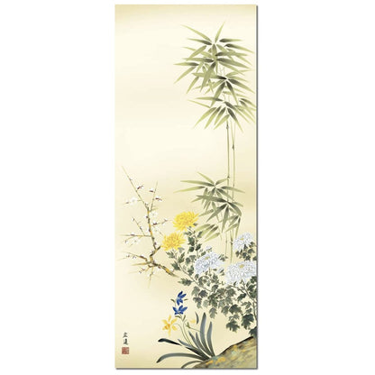Year-round hanging scroll featuring the Four Gentlemen by Hiroto Tanaka, Size 5, original mounting, for the alcove, bird-and-flower painting, modern hanging scroll.