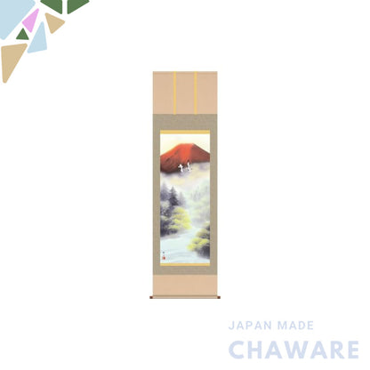 Hanging scroll, landscape painting - Red Fuji and Twin Cranes by Ukita Shusui, size 1.5 shaku, for the alcove.