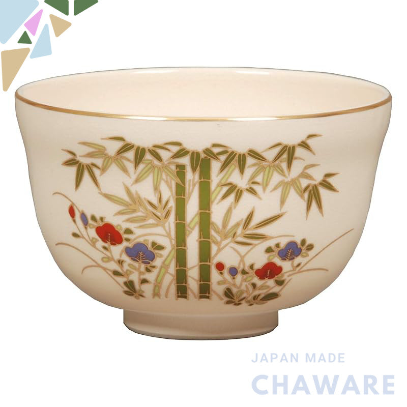 Miyachi Eikou Matcha Bowl White Size: Diameter 12.4 cm x Height 7.8 cm Kinkou Bamboo Forest with Paper Box