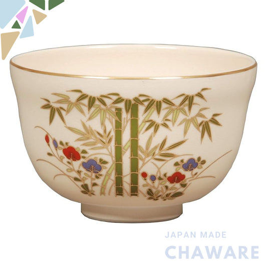 Miyachi Eikou Matcha Bowl White Size: Diameter 12.4 cm x Height 7.8 cm Kinkou Bamboo Forest with Paper Box