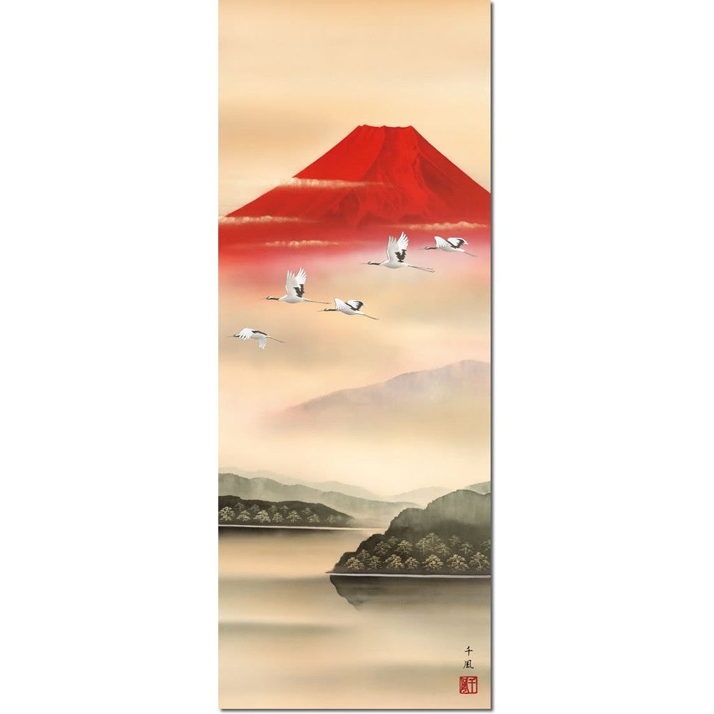 Fujisan Watercolor Hanging Scroll - Red Fuji in Flight / Kumagai Senpu (Shaku-san) 1MB3-029, Tokonoma, Japanese Room, Stylish, Modern, High-Quality, Mounting, Made in Japan, Interior, Wall Decoration, Affordable.