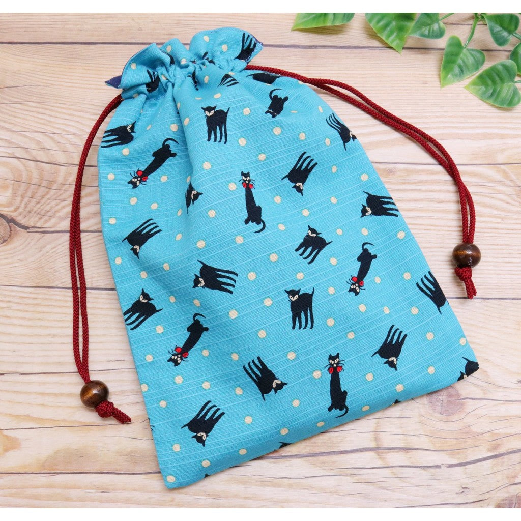 京友 Japanese-made Drawstring Bag for Goshuin Book, Cotton, 18×26.5cm, Pouch Case, Yumenoji, Black Cat, Blue