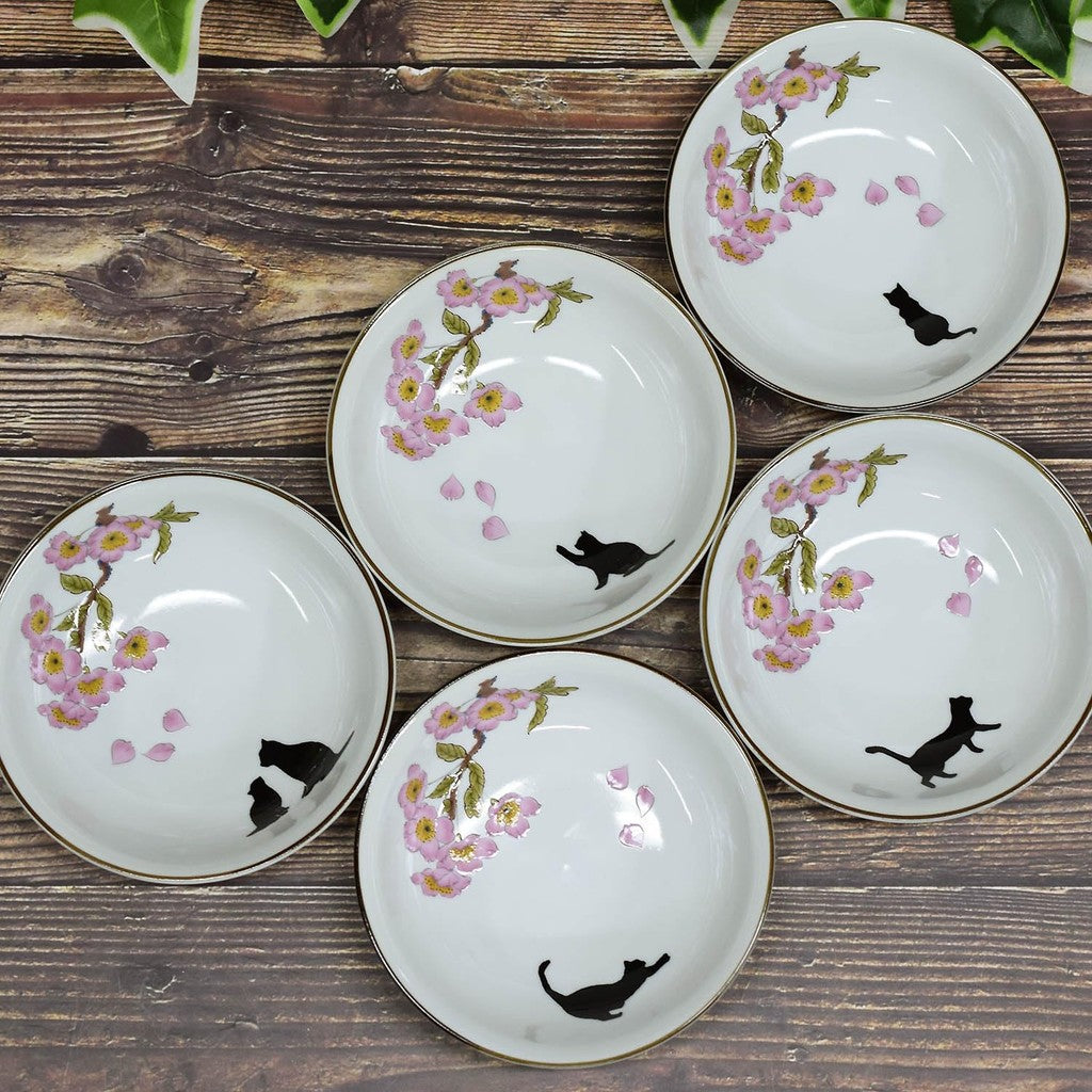 Waza no Kura Small Bowls - Stylish Kutani Porcelain Set of 5, Cherry Blossom and Cat Design, High-Quality Ceramic Japanese Tableware Serving Dishes, Made in Japan