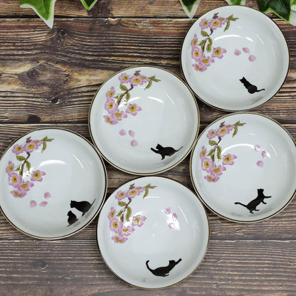 Waza no Kura Small Bowls - Stylish Kutani Porcelain Set of 5, Cherry Blossom and Cat Design, High-Quality Ceramic Japanese Tableware Serving Dishes, Made in Japan