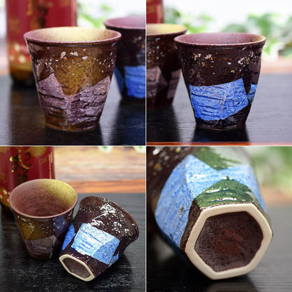 [Made in Japan] Stylish Japanese Tableware - Kutani Pottery Pair of Sake Glasses, Silver-Leaf Design, Perfect for Shochu. Ideal Gifts for 60th Birthday, 70th and 77th Celebrations. Exquisite Brand and Traditional Japanese Pottery.