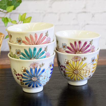 【made in japan】Kutani Porcelain Tea Cup Set of 5 - Elegant Floral Design, Premium Quality Guest Teacups, Stylish Japanese Tea Ceremony Tableware, Perfect for Entertaining