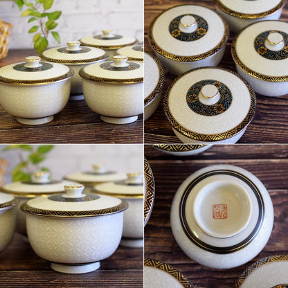 【made in japan】
Stylish Kutani Ceramic Tea Cups with Lids - Set of 5 White Shippō Design, High-End Dinnerware for Guests, Elegant Japanese Tableware.