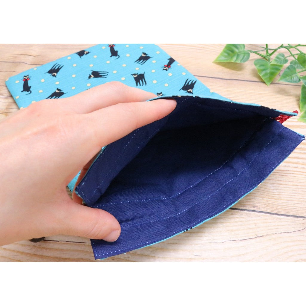 京友 Japanese-made Drawstring Bag for Goshuin Book, Cotton, 18×26.5cm, Pouch Case, Yumenoji, Black Cat, Blue