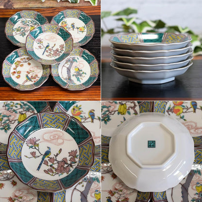 Waza no Kura Stylish Plate Set - Kutani Ware Small Plates (Set of 5) with Varying Flower and Bird Designs - Ceramic Japanese Tableware - Made in Japan