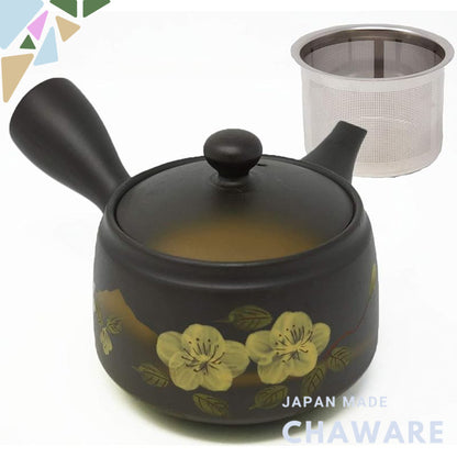 Japanese Kyusu Teapot, Tokoname Pottery, 300ml, Easy-Clean Filter, Hand-Painted Sakura & Mountain Design, Artisan Craftsmanship, Black & Brown, Made in Japan.