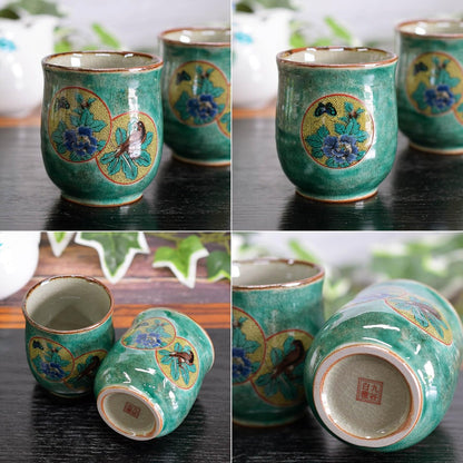 【made in japan】
Stylish Kutani Ware Green Circle Pattern Pair of Tea Cups - Elegant Japanese Ceramic Teacups for Couples, Authentic Japanese Tableware, Perfect for Tea Lovers.