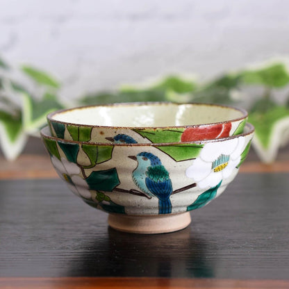 【made in japan】
Waza no Kura Stylish Couple’s Tea Bowls - Kutani Porcelain Rice Bowls with Camellia and Bird Design, Premium Japanese Tableware, Ideal for Wedding Anniversaries and Gifts.