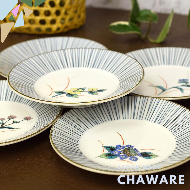 Waza no Kura Stylish Plate Set - Kutani Ware Medium Plates (Set of 5) with Five Grass Flowers Design - High-Quality Cera