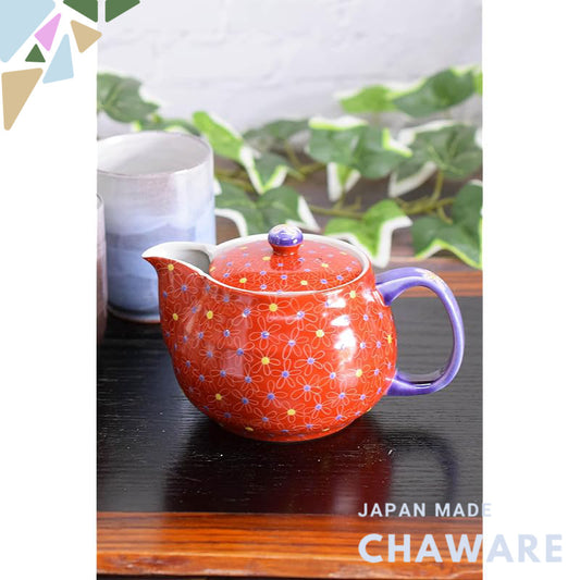 【made in japan】
Elegant Japanese Kyusu Teapot - Kutani Ceramic with Vermilion Floral Design, Includes Infuser, Authentic