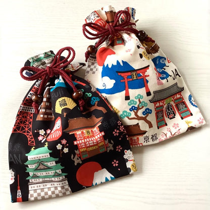 Kyoyu Japanese-made Drawstring Pouch - Approximately 24.5×19cm, Cotton, with Wooden Bead, Various Japanese Motifs