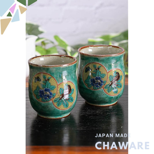 【made in japan】
Stylish Kutani Ware Green Circle Pattern Pair of Tea Cups - Elegant Japanese Ceramic Teacups for Couples