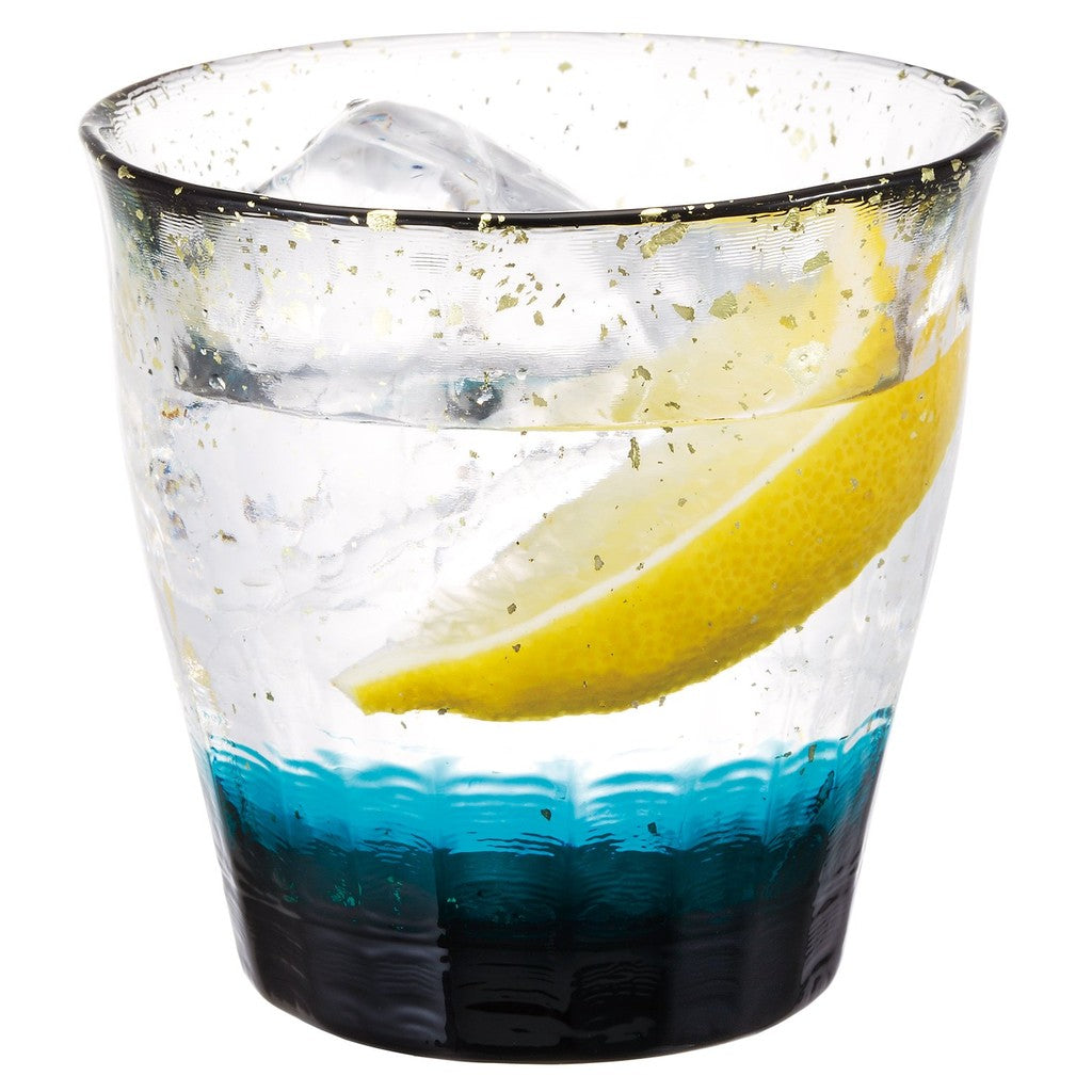 ADERIA Tsugaru Vidro Ice Flower Gold Decoration Rock Glass Blue 300ml Made in Japan with Special Wooden Box - Ideal for Highball, Whiskey, Beer, Sake, Shochu - Stylish Brandy Beer Gift for Women, Mother's Day, Father's Day, Couples, Men, Housewarming