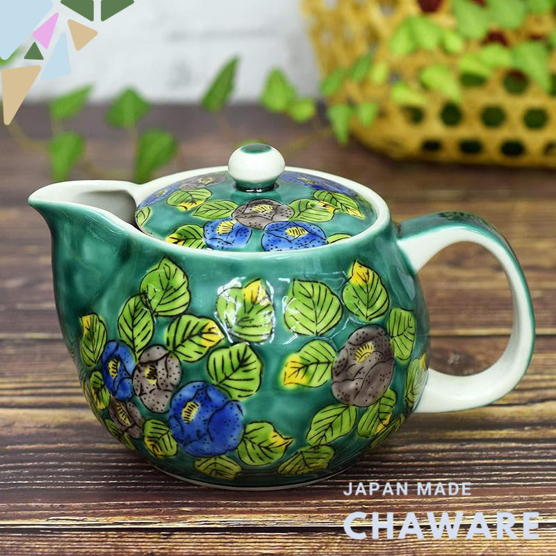 【made in japan】
Elegant Kyusu Teapot - Kutani Ware Green Camellia Design, Japanese Ceramic Pot with Tea Strainer, Brand 