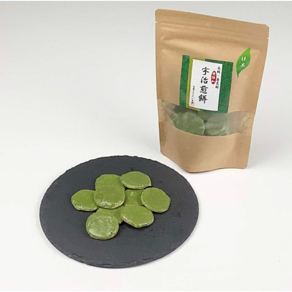 Kyoto Uji Matcha Senbei Rice Crackers - 50g Zipper Bag (1 Pack) from Higashiyama Seika. Premium Uji matcha, hand-brushed by artisans, full of fragrant flavor. No artificial coloring or additives. Perfect snack, gift, or tea accompaniment. Ideal for giftin