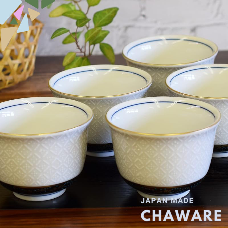 【made in japan】
Stylish Japanese Yu-Don (Tea Cup) Set of 5 - KUTANI Ceramic with Stunning White Shippou Design, High-Qua