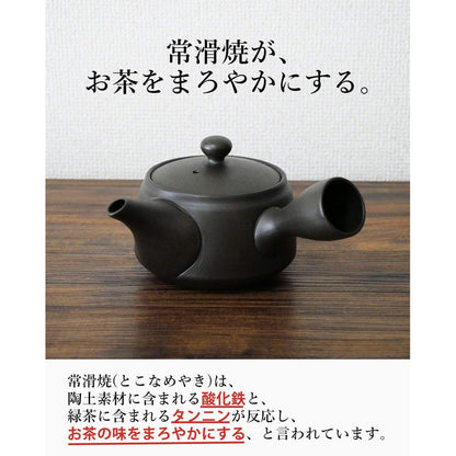 Japanese Kyusu Teapot, Tokoname Pottery, 300ml, Easy-Clean Filter, Hand-Painted Sakura & Mountain Design, Artisan Craftsmanship, Black & Brown, Made in Japan.