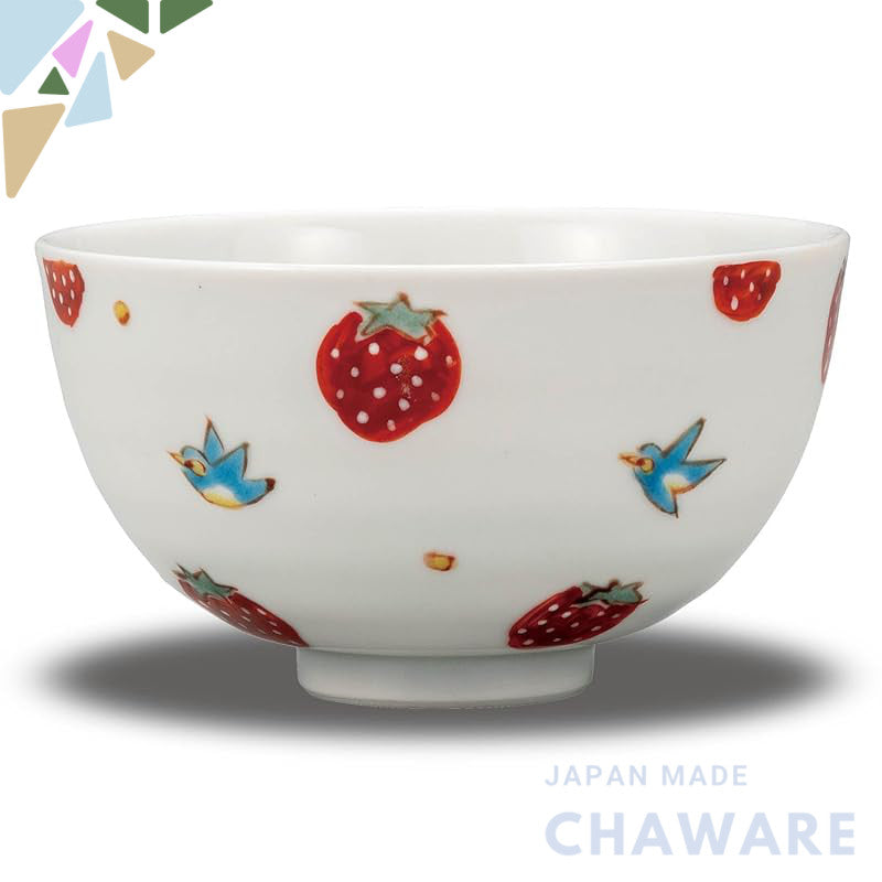 【made in japan】
Stylish Kutani Porcelain Rice Bowl with Strawberries and Birds - Small Ceramic Tea Bowl, Premium Japanes