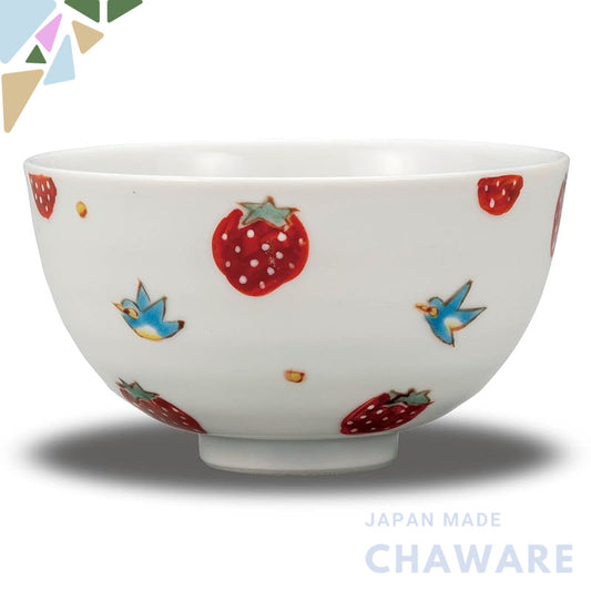 【made in japan】
Stylish Kutani Porcelain Rice Bowl with Strawberries and Birds - Small Ceramic Tea Bowl, Premium Japanes