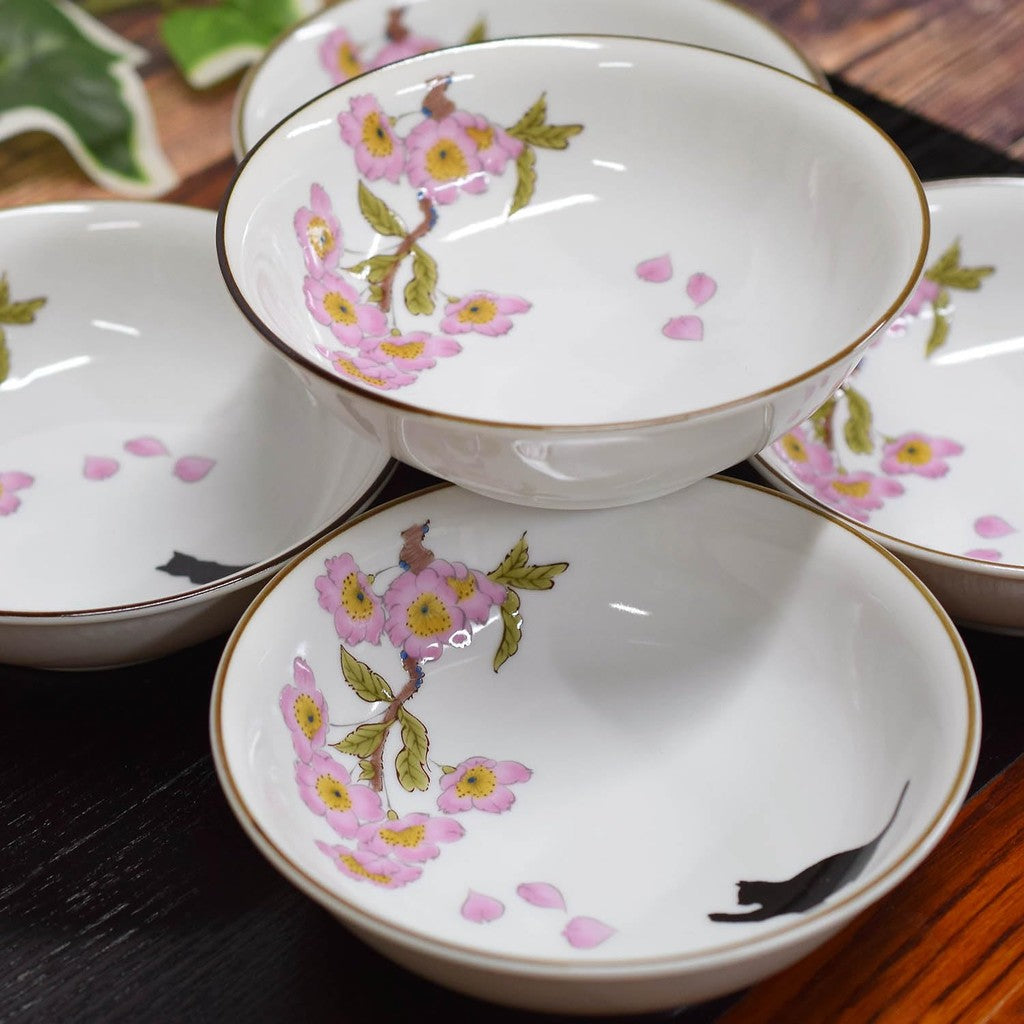 Waza no Kura Small Bowls - Stylish Kutani Porcelain Set of 5, Cherry Blossom and Cat Design, High-Quality Ceramic Japanese Tableware Serving Dishes, Made in Japan