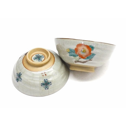 【made in japan】
Kutsuki Pair Rice Bowls - Fūjin Raijin & Camellia with Bird Design, High-Quality Ceramic, Insulated, 5.3cm Height (Large)