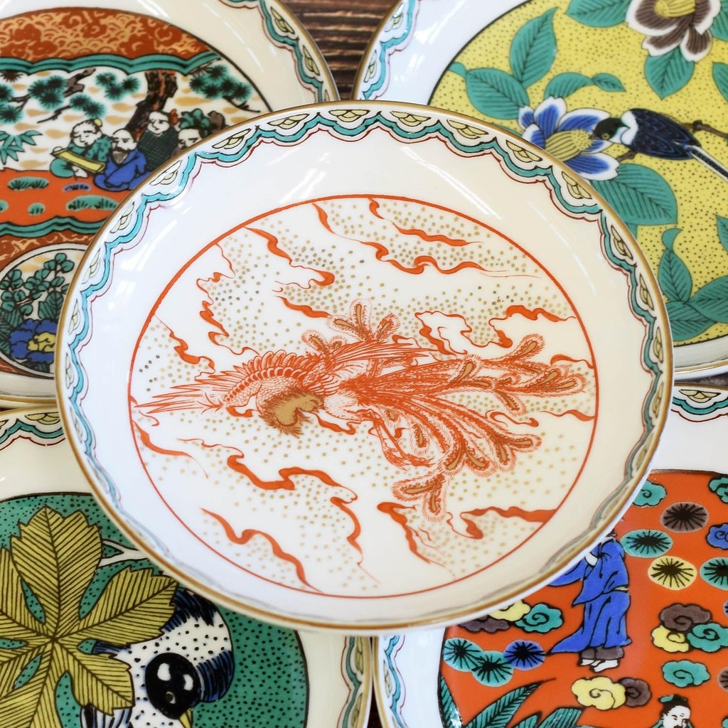 Waza no Kura Plate Set - Stylish Kutani Ware Small Plates, Set of 5, Era Painting, Ceramic, Japanese Tableware, Serving Plates, Made in Japan.