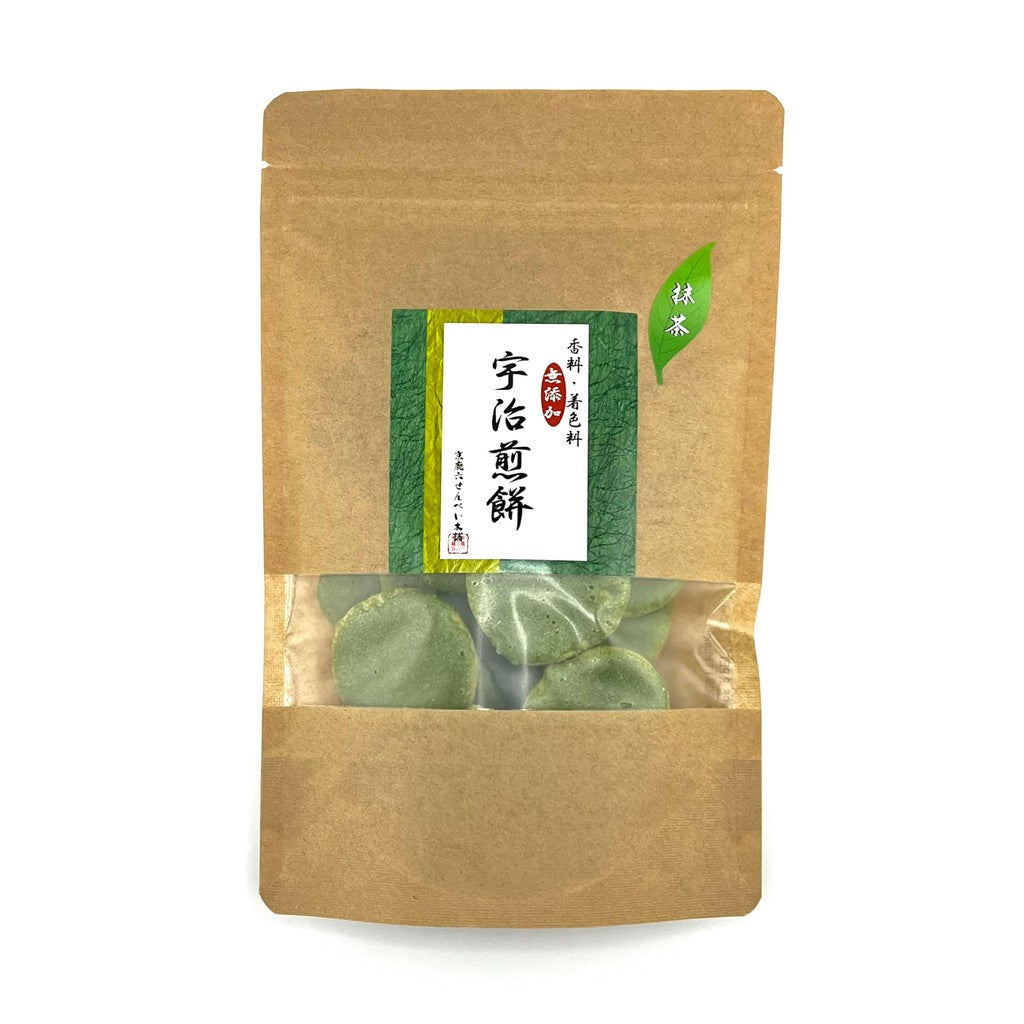 Kyoto Uji Matcha Senbei Rice Crackers - 50g Zipper Bag (1 Pack) from Higashiyama Seika. Premium Uji matcha, hand-brushed by artisans, full of fragrant flavor. No artificial coloring or additives. Perfect snack, gift, or tea accompaniment. Ideal for giftin