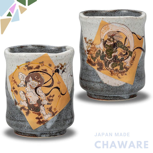 【made in japan】
Stylish Japanese Couple's Yunomi Tea Cups - Kutani Ware, Fūjin Raijin Design, Handmade Ceramics, Perfect