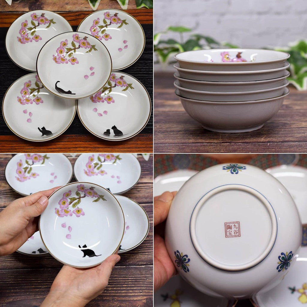Waza no Kura Small Bowls - Stylish Kutani Porcelain Set of 5, Cherry Blossom and Cat Design, High-Quality Ceramic Japanese Tableware Serving Dishes, Made in Japan