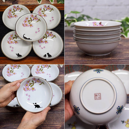 Waza no Kura Small Bowls - Stylish Kutani Porcelain Set of 5, Cherry Blossom and Cat Design, High-Quality Ceramic Japanese Tableware Serving Dishes, Made in Japan