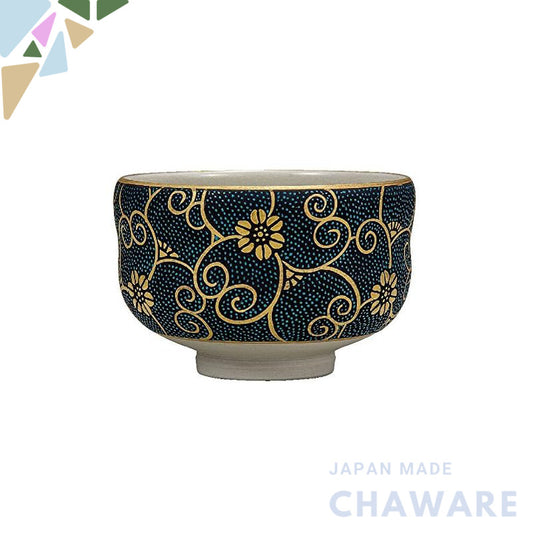 【made in japan】
Maruyone Kutani Porcelain Matcha Bowl - Genuine Gold-Dusted Blue Grain Tessen Design K5-812 for Traditio
