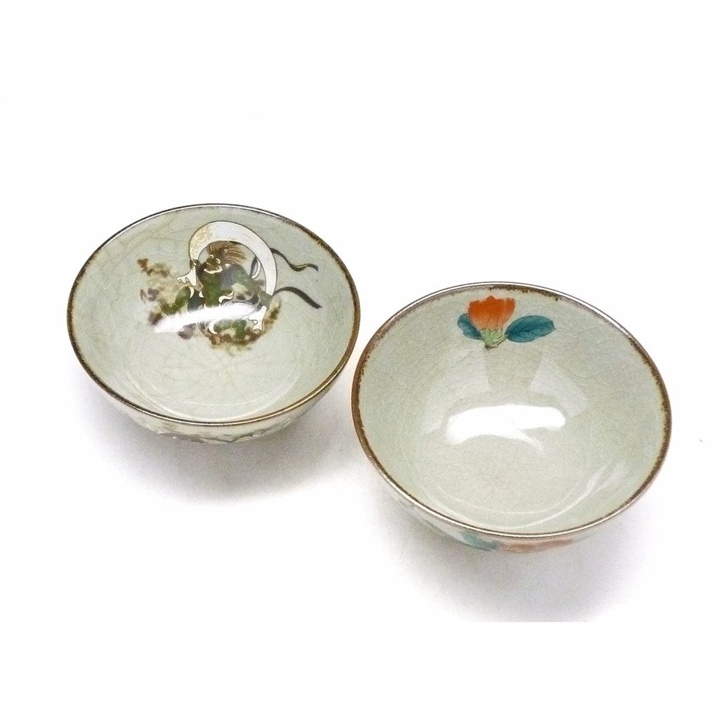 【made in japan】
Kutsuki Pair Rice Bowls - Fūjin Raijin & Camellia with Bird Design, High-Quality Ceramic, Insulated, 5.3cm Height (Large)