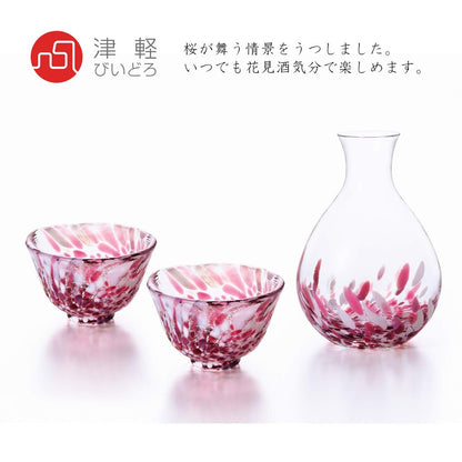 ADERIA Tsugaru Glass Sakura Fubuki Sake Set - Tokkuri and Ochoko, Made in Japan, Gift Box Included