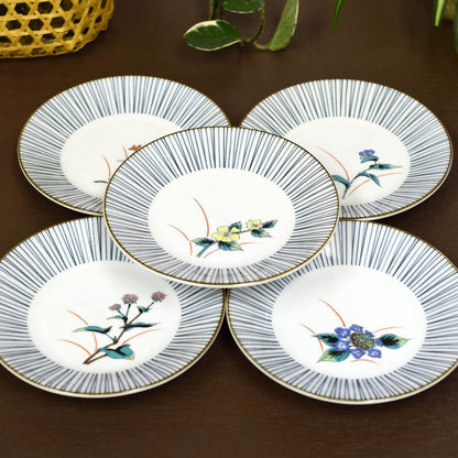 Waza no Kura Stylish Plate Set - Kutani Ware Medium Plates (Set of 5) with Five Grass Flowers Design - High-Quality Ceramic Tableware - Japanese Tableware - Side Plates - Made in Japan - Perfect for Wedding Gifts and Presents.