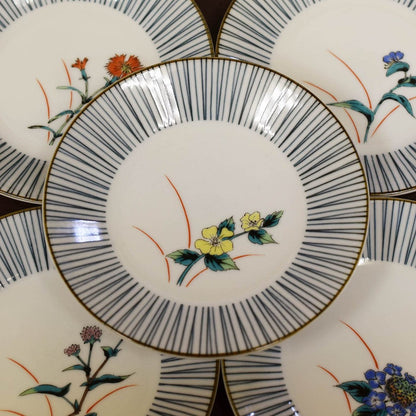 Waza no Kura Stylish Plate Set - Kutani Ware Medium Plates (Set of 5) with Five Grass Flowers Design - High-Quality Ceramic Tableware - Japanese Tableware - Side Plates - Made in Japan - Perfect for Wedding Gifts and Presents.