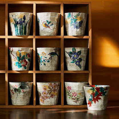 【made in japan】
Kutani Porcelain Kitayama-do Original Rock Glass with Tessen and Bird Design - Perfect for Gift or Home Decor!