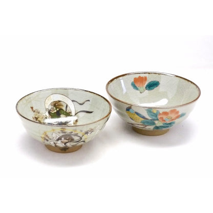 【made in japan】
Kutsuki Pair Rice Bowls - Fūjin Raijin & Camellia with Bird Design, High-Quality Ceramic, Insulated, 5.3cm Height (Large)
