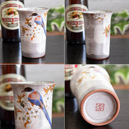 【made in japan】
Elegant Kutani Porcelain Beer Glass - Stylish Japanese Sake Cup with Mountain Cherry Blossom and Birds, Premium Quality Tableware, Made in Japan