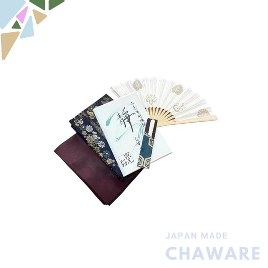 Tea ceremony tool practice set, includes: a paper holder, a piece of paper (shizu), a purple fukusa, a fan (white bamboo