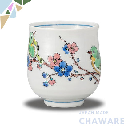 【made in japan】
Waza no Kura Stylish Kutani-yaki Teacup with Plums and Greenfinch Design - Elegant Japanese Ceramic Teac