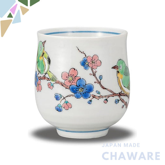 【made in japan】
Waza no Kura Stylish Kutani-yaki Teacup with Plums and Greenfinch Design - Elegant Japanese Ceramic Teac