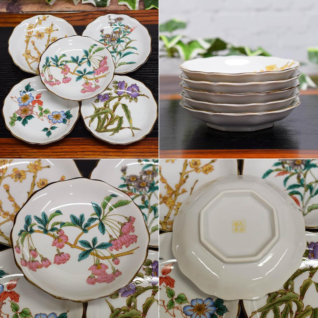 Waza no Kura Plate Set - Stylish Tableware, Kutani Ware Small Plates, Set of 5, Seasonal Flowers, High-Quality Ceramic, Premium Brand, Japanese Tableware, Serving Plates, Made in Japan, Wedding Gift, Present, Gift.