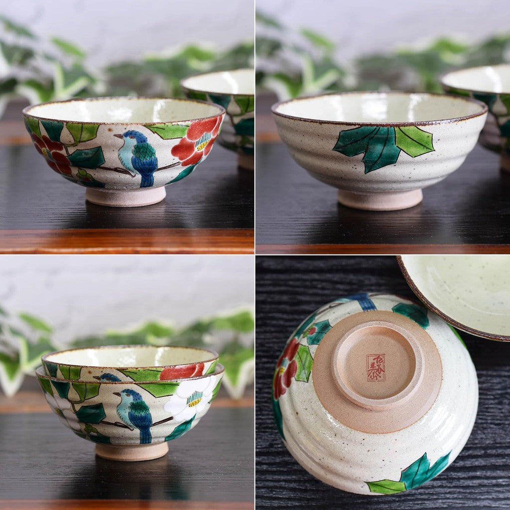 【made in japan】
Waza no Kura Stylish Couple’s Tea Bowls - Kutani Porcelain Rice Bowls with Camellia and Bird Design, Premium Japanese Tableware, Ideal for Wedding Anniversaries and Gifts.