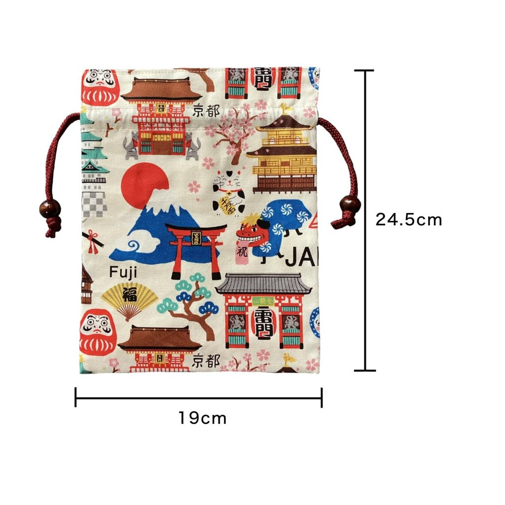 Kyoyu Japanese-made Drawstring Pouch - Approximately 24.5×19cm, Cotton, with Wooden Bead, Various Japanese Motifs